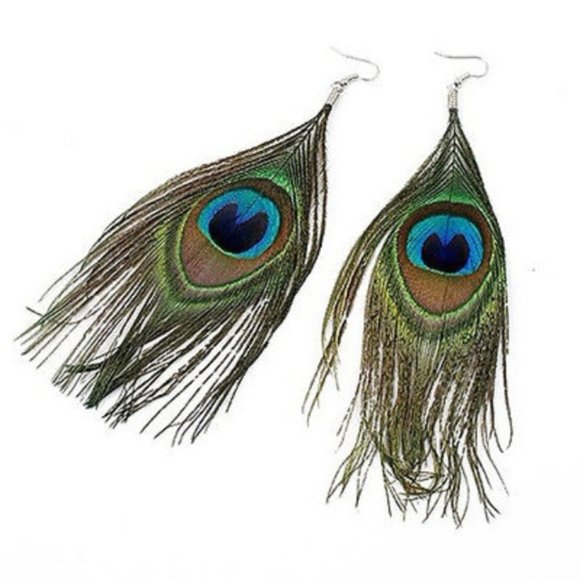 brand new Bohemian Peacock Eye Feather Dangle Earrings w/ French Ear Hook - Picture 9 of 9